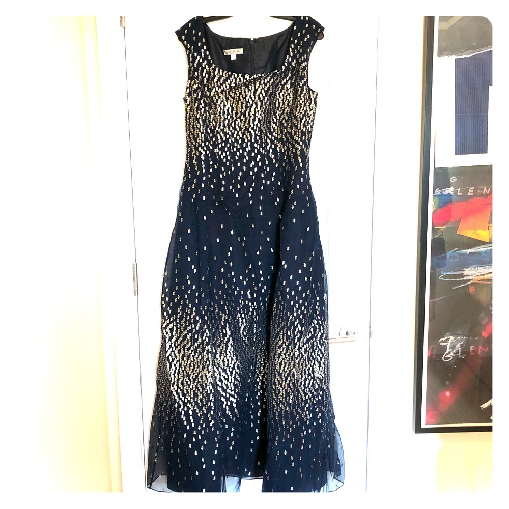Midnight blue & gold scoop neck evening gown